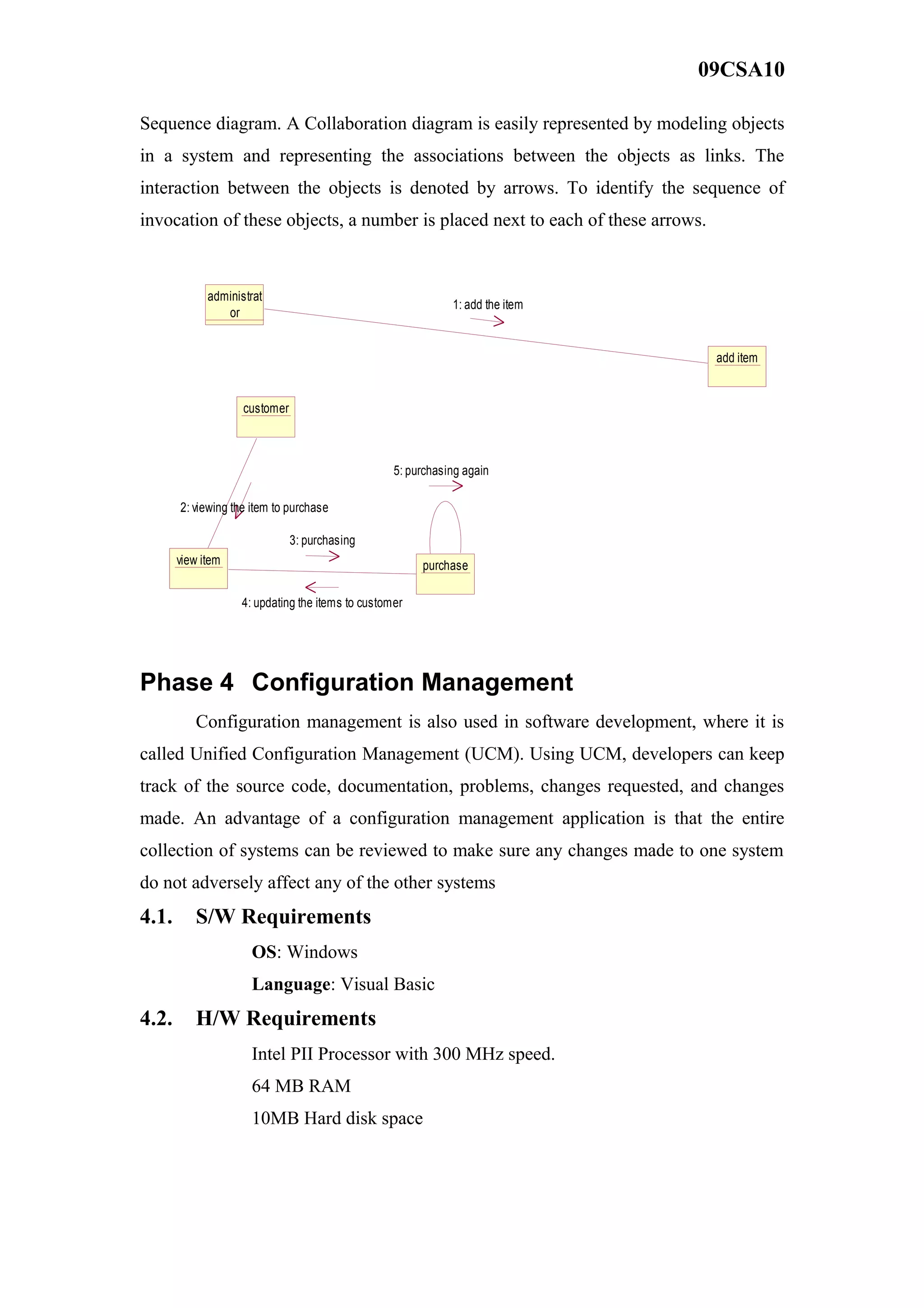 09CSA10
Sequence diagram. A Collaboration diagram is easily represented by modeling objects
in a system and representing the associations between the objects as links. The
interaction between the objects is denoted by arrows. To identify the sequence of
invocation of these objects, a number is placed next to each of these arrows.
administrat
or
customer
add item
view item purchase
5: purchasing again
1: add the item
2: viewing the item to purchase
3: purchasing
4: updating the items to customer
Phase 4 Configuration Management
Configuration management is also used in software development, where it is
called Unified Configuration Management (UCM). Using UCM, developers can keep
track of the source code, documentation, problems, changes requested, and changes
made. An advantage of a configuration management application is that the entire
collection of systems can be reviewed to make sure any changes made to one system
do not adversely affect any of the other systems
4.1. S/W Requirements
OS: Windows
Language: Visual Basic
4.2. H/W Requirements
Intel PII Processor with 300 MHz speed.
64 MB RAM
10MB Hard disk space
 