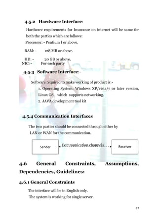 4.5.2 Hardware Interface:
   Hardware requirements for Insurance on internet will be same for
   both the parties which are follows:
  Processor: - Pentium I or above.

  RAM: -        128 MB or above.

  HD: -         20 GB or above.
 NIC: -       For each party

 4.5.3 Software Interface:-

       Software required to make working of product is:-
            1. Operating System: Windows XP/vista/7 or later version,
            Linux OS    which supports networking.
            2. JAVA development tool kit



 4.5.4 Communication Interfaces

      The two parties should be connected through either by
       LAN or WAN for the communication.


             Sender        Communication channels             Receiver



4.6        General           Constraints,            Assumptions,
Dependencies, Guidelines:

4.6.1 General Constraints
      The interface will be in English only.
      The system is working for single server.

                                                                         17
 