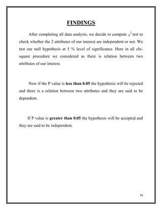 44
FINDINGS
After completing all data analysis, we decide to compute X
2
test to
check whether the 2 attributes of our interest are independent or not. We
test our null hypothesis at 5 % level of significance. Here in all chi-
square procedure we considered as there is relation between two
attributes of our interest.
Now if the P value is less than 0.05 the hypothesis will be rejected
and there is a relation between two attributes and they are said to be
dependent.
If P value is greater than 0.05 the hypothesis will be accepted and
they are said to be independent.
 
