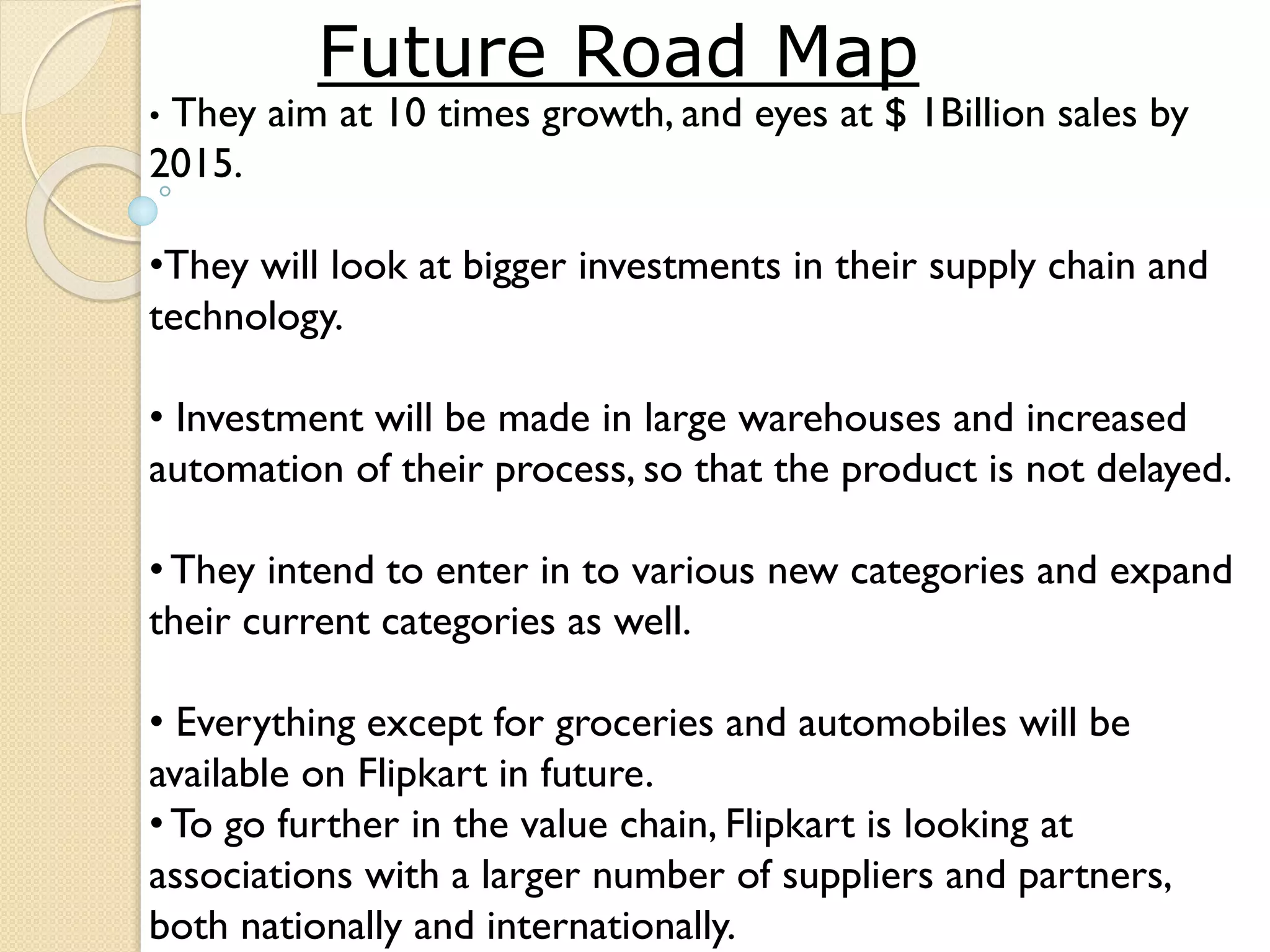 Future Road Map
• They aim at 10 times growth, and eyes at $ 1Billion sales by
2015.
•They will look at bigger investments in their supply chain and
technology.
• Investment will be made in large warehouses and increased
automation of their process, so that the product is not delayed.
•They intend to enter in to various new categories and expand
their current categories as well.
• Everything except for groceries and automobiles will be
available on Flipkart in future.
•To go further in the value chain, Flipkart is looking at
associations with a larger number of suppliers and partners,
both nationally and internationally.
 