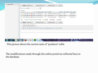 This picture shows the current state of “products” table

The modifications made through the online portal are reflected here in
the database

 