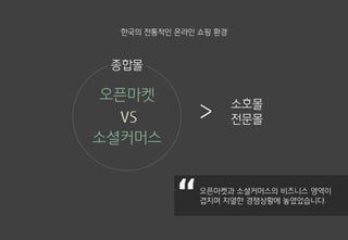 한국의 전통적인 온라인 쇼핑 환경
오픈마켓과 소셜커머스의 비즈니스 영역이
겹치며 치열한 경쟁상황에 놓였었습니다.
오픈마켓
소셜커머스
소호몰
전문몰>VS
종합몰
 