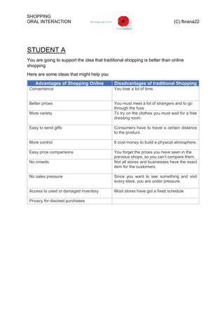 SHOPPING
ORAL INTERACTION (C) fbrana22
STUDENT A
You are going to support the idea that traditional shopping is better tha...