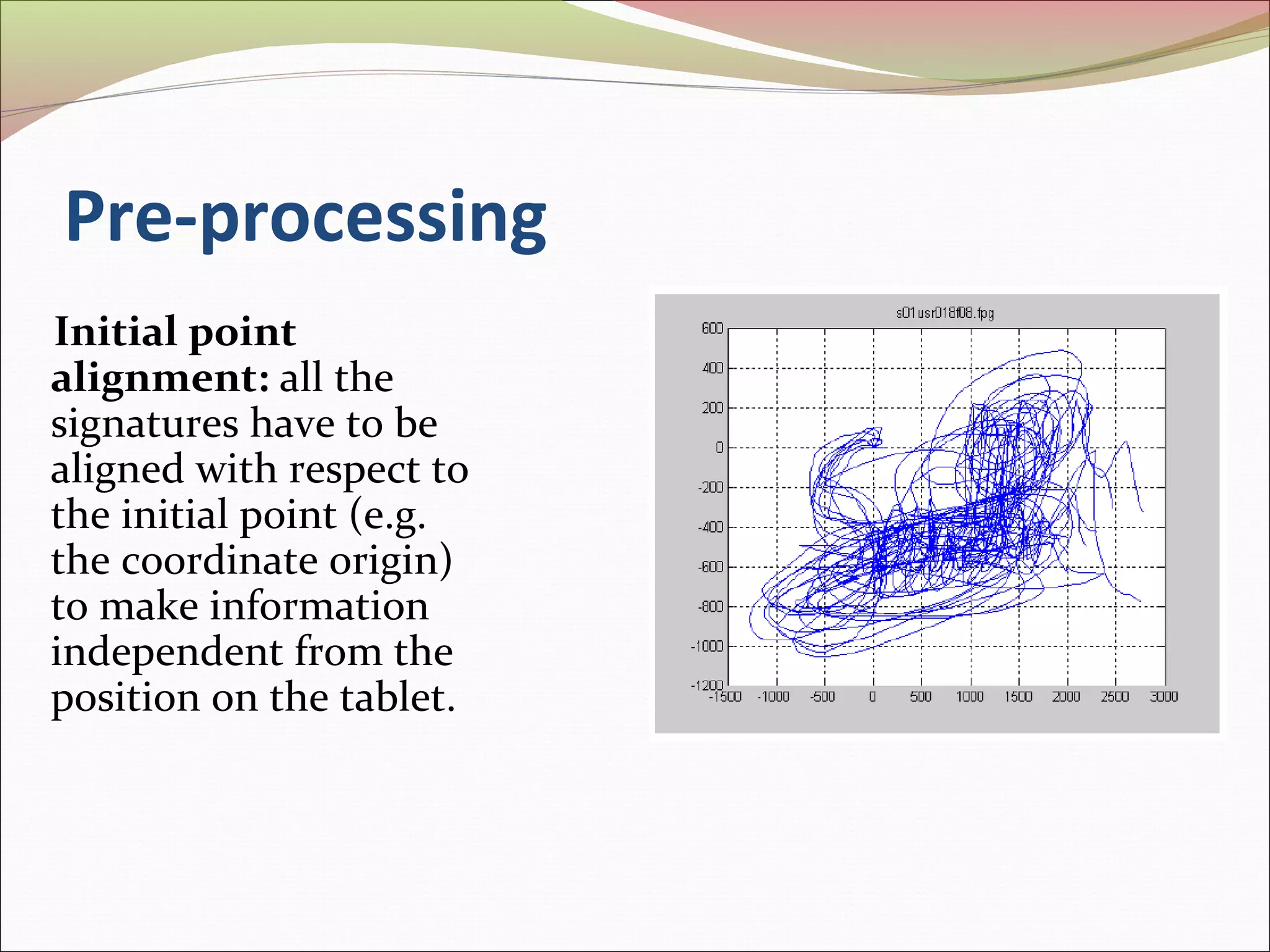Pre-processing
Initial point
alignment: all the
signatures have to be
aligned with respect to
the initial point (e.g.
the coordinate origin)
to make information
independent from the
position on the tablet.
 
