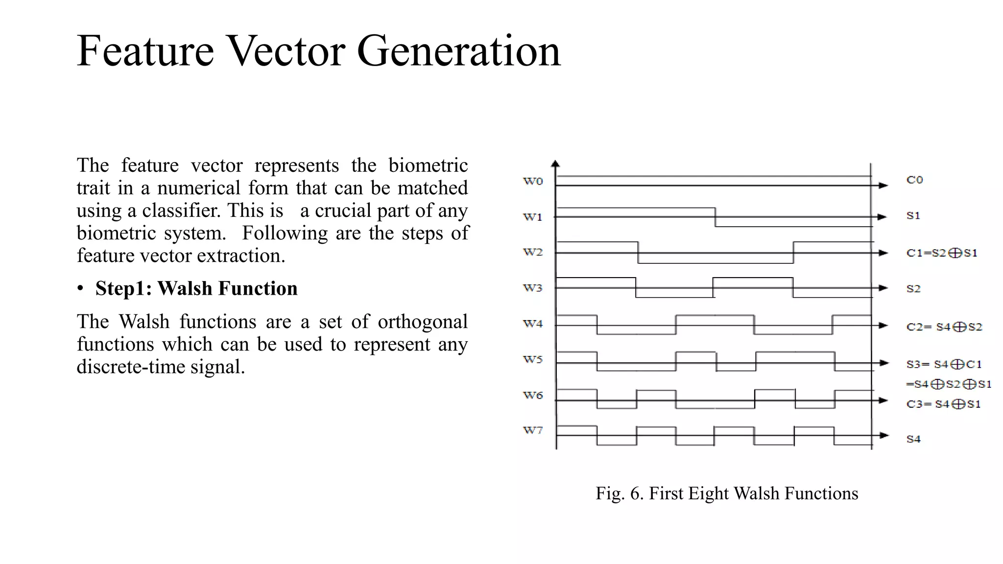 Feature Vector Generation
The feature vector represents the biometric
trait in a numerical form that can be matched
using a classifier. This is a crucial part of any
biometric system. Following are the steps of
feature vector extraction.
• Step1: Walsh Function
The Walsh functions are a set of orthogonal
functions which can be used to represent any
discrete-time signal.
Fig. 6. First Eight Walsh Functions
 