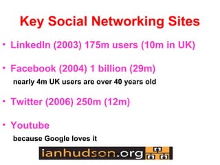 Key Social Networking Sites
? LinkedIn (2003) 175m users (10m in UK)

? Facebook (2004) 1 billion (29m)
  nearly 4m UK users are over 40 years old

? Twitter (2006) 250m (12m)

? Youtube
  because Google loves it

                       www.ianhudson.org
 