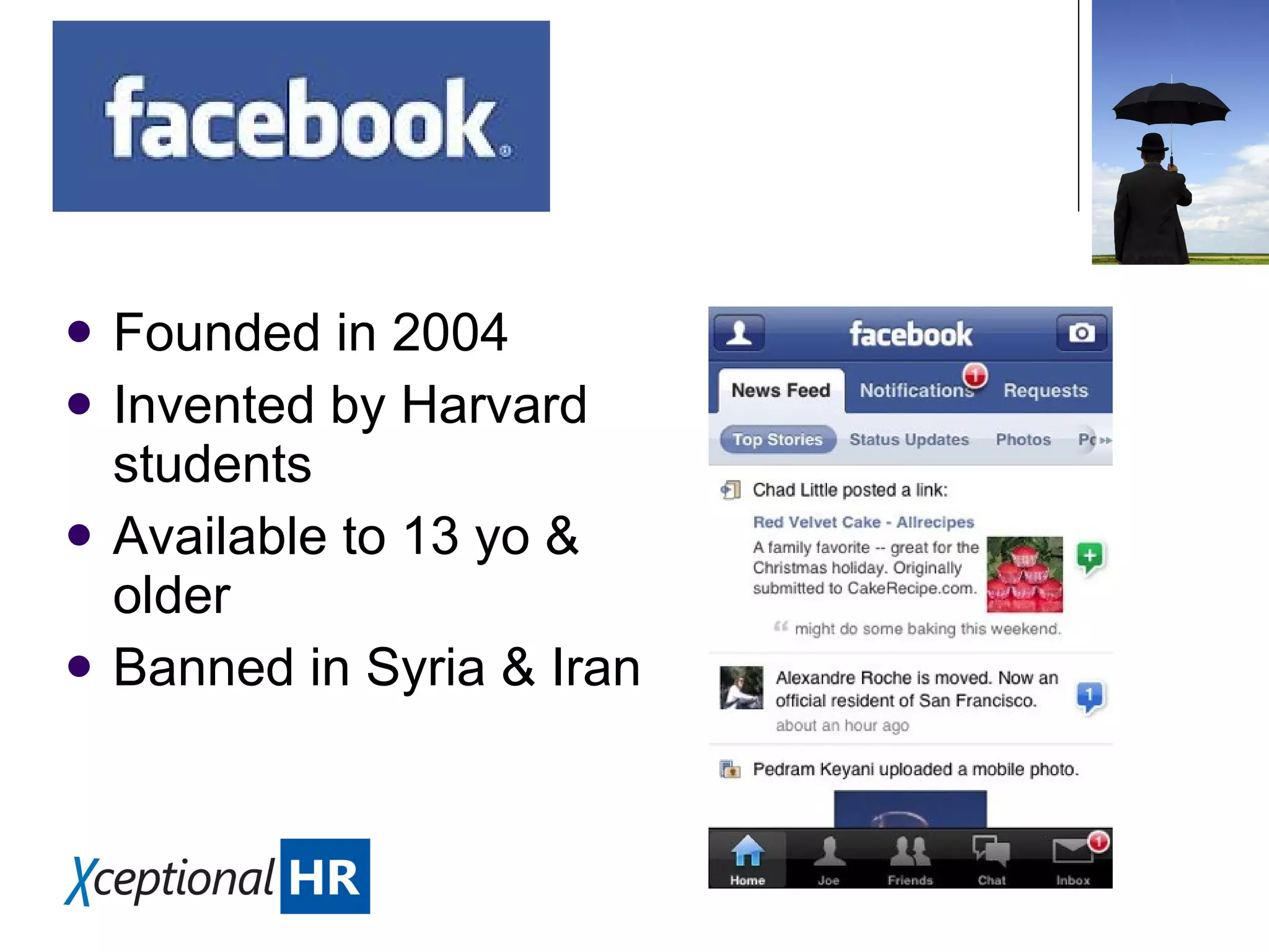 Founded in 2004 Invented by Harvard students Available to 13 yo & older Banned in Syria & Iran