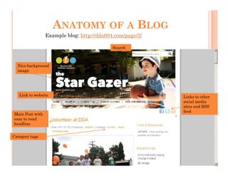 ANATOMY OF A BLOG
                 Example blog: http://dda604.com/page/2/

                                            Search



  Nice background
  image




   Link to website                                         Links to other
                                                           social media
                                                           sites and RSS
                                                           feed
Main Post with
easy to read
headline


Category tags
 