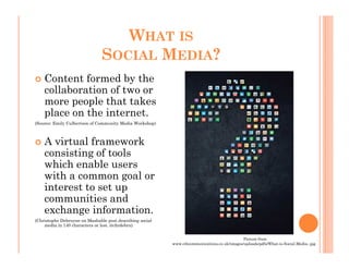 WHAT IS
                               SOCIAL MEDIA?
    Content formed by the
    collaboration of two or
    more people that takes
    place on the internet.
(Source: Emily Culbertson of Community Media Workshop)



    A virtual framework
    consisting of tools
    which enable users
    with a common goal or
    interest to set up
    communities and
    exchange information.
(Christophe Debruyne on Mashable post describing social
    media in 140 characters or lest. @chrdebru)


                                                                                             Picture from
                                                          www.cibcommunications.co.uk/images/uploads/pdfs/What-is-Social-Media-.jpg
 