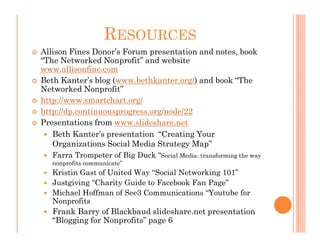 RESOURCES
Allison Fines Donor’s Forum presentation and notes, book
“The Networked Nonprofit” and website
www.allisonfine.com
Beth Kanter’s blog (www.bethkanter.org/) and book “The
Networked Nonprofit”
http://www.smartchart.org/
http://dp.continuousprogress.org/node/22
Presentations from www.slideshare.net
   Beth Kanter’s presentation “Creating Your
   Organizations Social Media Strategy Map”
   Farra Trompeter of Big Duck “Social Media: transforming the way
   nonprofits communicate”
   Kristin Gast of United Way “Social Networking 101”
   Justgiving “Charity Guide to Facebook Fan Page”
   Michael Hoffman of See3 Communications “Youtube for
   Nonprofits
   Frank Barry of Blackbaud slideshare.net presentation
   “Blogging for Nonprofits” page 6
 
