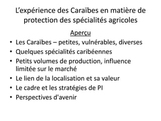 L’expérience des Caraïbes en matière de
protection des spécialités agricoles
Aperçu
• Les Caraïbes – petites, vulnérables,...