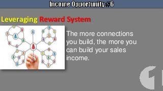 Leveraging Reward System
The more connections
you build, the more you
can build your sales
income.
 