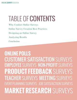 ONLINE SURVEY CREATION

TABLE OF CONTENTS
Why Conduct Online Surveys
Online Survey Creation Best Practices
Designing an Online Survey
Analyzing Results
Conclusion

ONLINE POLLS

CUSTOMER SATISFACTION SURVEYS

EMPLOYEE SURVEYS NON-PROFIT SURVEYS

PRODUCT FEEDBACK SURVEYS
TEACHER SURVEYS MEETING SURVEYS

EVENT PLANNING SURVEYS JOB SATISFACTION SURVEYS

MARKET RESEARCH SURVEYS
Copyright SimplyCast 2013

3

 