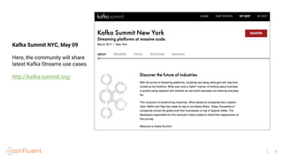 6
Kafka Summit NYC, May 09
Here, the community will share
latest Kafka Streams use cases.
http://kafka-summit.org/
 