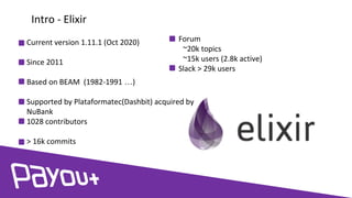Current version 1.11.1 (Oct 2020)
Since 2011
Based on BEAM (1982-1991 …)
Supported by Plataformatec(Dashbit) acquired by
NuBank
1028 contributors
> 16k commits
Intro - Elixir
Forum
~20k topics
~15k users (2.8k active)
Slack > 29k users
 
