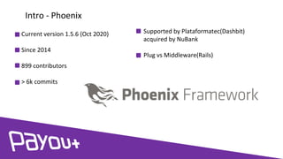 Current version 1.5.6 (Oct 2020)
Since 2014
899 contributors
> 6k commits
Intro - Phoenix
Supported by Plataformatec(Dashbit)
acquired by NuBank
Plug vs Middleware(Rails)
 