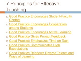 7 Principles for Effective
Teaching
   Good Practice Encourages Student-Faculty
    Contact
   Good Practice Encourages Cooperation
    among Students
   Good Practice Encourages Active Learning
   Good Practice Gives Prompt Feedback
   Good Practice Emphasizes Time on Task
   Good Practice Communicates High
    Expectations
   Good Practice Respects Diverse Talents and
    Ways of Learning
 