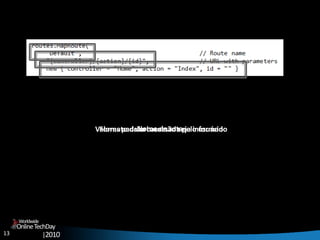 13
OnlineTechDay
|2010
Worldwide
Nome da rotaFormato da url acessada pelo usuárioValores padrão caso não seja informado
 