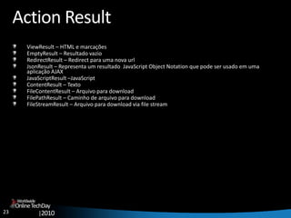 23
OnlineTechDay
|2010
Worldwide
Action Result
ViewResult – HTML e marcações
EmptyResult – Resultado vazio
RedirectResult – Redirect para uma nova url
JsonResult – Representa um resultado JavaScript Object Notation que pode ser usado em uma
aplicação AJAX
JavaScriptResult –JavaScript
ContentResult – Texto
FileContentResult – Arquivo para download
FilePathResult – Caminho de arquivo para download
FileStreamResult – Arquivo para download via file stream
 