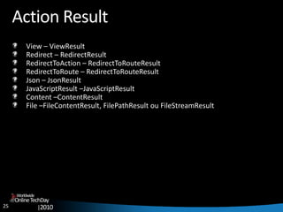 25
OnlineTechDay
|2010
Worldwide
Action Result
View – ViewResult
Redirect – RedirectResult
RedirectToAction – RedirectToRouteResult
RedirectToRoute – RedirectToRouteResult
Json – JsonResult
JavaScriptResult –JavaScriptResult
Content –ContentResult
File –FileContentResult, FilePathResult ou FileStreamResult
 