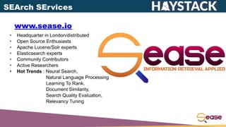 ‣ Headquarter in London/distributed
‣ Open Source Enthusiasts
‣ Apache Lucene/Solr experts
‣ Elasticsearch experts
‣ Community Contributors
‣ Active Researchers
‣ Hot Trends : Neural Search,
Natural Language Processing
Learning To Rank,
Document Similarity,
Search Quality Evaluation,
Relevancy Tuning
SEArch SErvices
www.sease.io
 