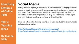 Identifying 
Features 
of Online 
Texts 
Year 3 
Teaching 
Ideas 
By Joanne 
Villis 
Social Media 
Set up a class blog for your students in order for them to engage in social 
media in a safe environment. There are many online platforms for doing 
this. Two of my favourites are Weebly and Edublogs. Both are free for 
education. Before allowing student to blog set clear rules. For example, 
use your first name only and use your online etiquette. 
Here are a few links showing examples of how my students communicate 
collaboratively online. 
http://jvillis.edublogs.org/15-enchinoderm-group/ 
http://pauljennings3jvauthorstudy.edublogs.org/short-story-collections/ 
 