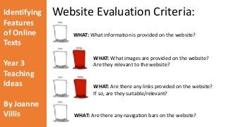 Identifying 
Features 
of Online 
Texts 
Year 3 
Teaching 
Ideas 
By Joanne 
Villis 
Website Evaluation Criteria: 
WHAT: What information is provided on the website? 
WHAT: What images are provided on the website? 
Are they relevant to the website? 
WHAT: Are there any links provided on the website? 
If so, are they suitable/relevant? 
WHAT: Are there any navigation bars on the website? 
 