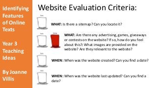 Identifying 
Features 
of Online 
Texts 
Year 3 
Teaching 
Ideas 
By Joanne 
Villis 
Website Evaluation Criteria: 
WHAT: Is there a sitemap? Can you locate it? 
WHAT: Are there any advertising, games, giveaways 
or contests on the website? If so, how do you feel 
about this?: What images are provided on the 
website? Are they relevant to the website? 
WHEN: When was the website created? Can you find a date? 
WHEN: When was the website last updated? Can you find a 
date? 
 
