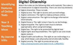 Identifying 
Features 
of Online 
Texts 
Year 3 
Teaching 
Ideas 
By Joanne 
Villis 
Digital Citizenship 
Watch the video on the following slide with students. The video is 
an introduction to digital citizenship. There are nine key elements 
of digital citizenship. These include: 
1. Digital access: The right to access and use technology. 
2. Digital commerce: The right to make purchases online. 
3. Digital communication: The right to exchange information 
electronically. 
4. Digital literacy: The right to learn how to use technology. 
5. Digital etiquette: The right to learn how to behave 
appropriately when using technology. 
6. Digital law: The right to be protected by digital laws. 
7. Digital rights and responsibilities: The right to use and create 
digital content. 
8. Digital health and wellness: The right to use technology in a 
way which keeps users physically and emotionally healthy. 
9. Digital security: The right to personal security. 
https://www.youtube.com/watch?v=zD_CANwFASU 
 
