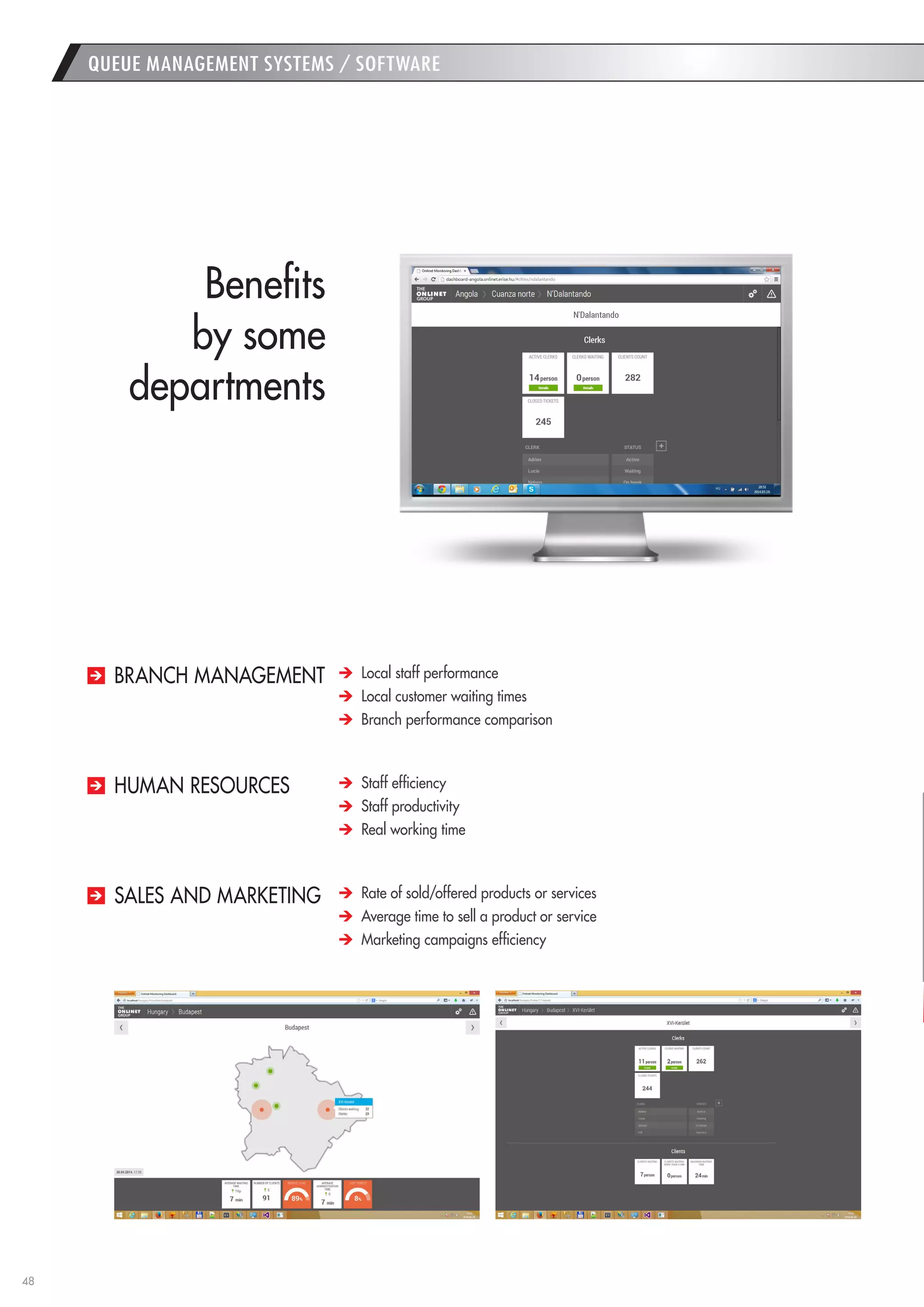 48 
QUEUE MANAGEMENT SYSTEMS / SOFTWARE 
BRANCH MANAGEMENT 
Benefits 
by some 
departments Local staff performance Local customer waiting times Branch performance comparison 
HUMAN RESOURCES Staff efficiency Staff productivity Real working time 
SALES AND MARKETING Rate of sold/offered products or services Average time to sell a product or service Marketing campaigns efficiency  