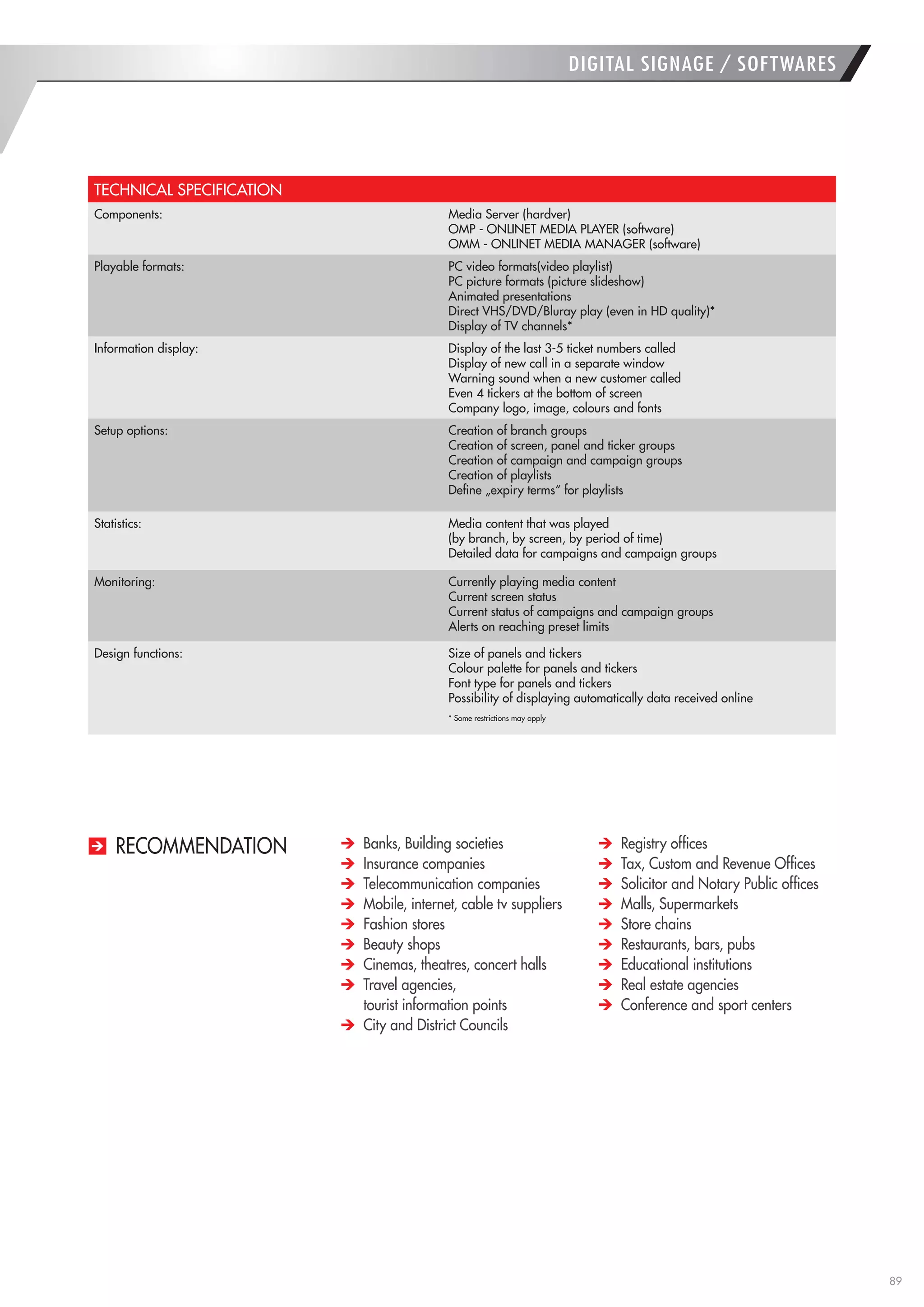 89 
TECHNICAL SPECIFICATION 
Components: 
Media Server (hardver) 
OMP - ONLINET MEDIA PLAYER (software) 
OMM - ONLINET MEDIA MANAGER (software) 
Playable formats: 
PC video formats(video playlist) 
PC picture formats (picture slideshow) 
Animated presentations 
Direct VHS/DVD/Bluray play (even in HD quality)* 
Display of TV channels* 
Information display: 
Display of the last 3-5 ticket numbers called 
Display of new call in a separate window 
Warning sound when a new customer called 
Even 4 tickers at the bottom of screen 
Company logo, image, colours and fonts 
Setup options: 
Creation of branch groups 
Creation of screen, panel and ticker groups 
Creation of campaign and campaign groups 
Creation of playlists 
Define „expiry terms“ for playlists 
Statistics: 
Media content that was played 
(by branch, by screen, by period of time) 
Detailed data for campaigns and campaign groups 
Monitoring: 
Currently playing media content 
Current screen status 
Current status of campaigns and campaign groups 
Alerts on reaching preset limits 
Design functions: 
Size of panels and tickers 
Colour palette for panels and tickers 
Font type for panels and tickers 
Possibility of displaying automatically data received online 
* Some restrictions may apply 
RECOMMENDATION 
DIGITAL SIGNAGE / SOFTWARES Banks, Building societies Insurance companies Telecommunication companies Mobile, internet, cable tv suppliers 
Fashion stores Beauty shops Cinemas, theatres, concert halls Travel agencies, 
tourist information points City and District Councils Registry offices Tax, Custom and Revenue Offices Solicitor and Notary Public offices Malls, Supermarkets Store chains Restaurants, bars, pubs Educational institutions Real estate agencies Conference and sport centers  
