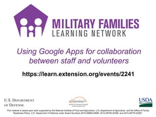 Using Google Apps for collaboration
between staff and volunteers
https://learn.extension.org/events/2241
This material is based upon work supported by the National Institute of Food and Agriculture, U.S. Department of Agriculture, and the Office of Family
Readiness Policy, U.S. Department of Defense under Award Numbers 2010-48869-20685, 2012-48755-20306, and 2014-48770-22587.
 