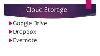 Cloud Storage
Google Drive
Dropbox
Evernote
 