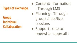 Types of exchange
Group
Individual
Collaboration
● Content/Information
- Through LMS
● Planning - Through
group chats/live
sessions
● Support - one to
one/whatsapp/calls
 