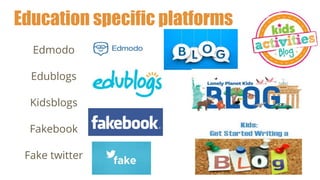 Education specific platforms
Edmodo
Edublogs
Kidsblogs
Fakebook
Fake twitter
 