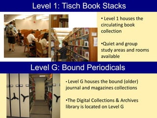 Level 1: Tisch Book Stacks
                          • Level 1 houses the
                          circulating book
                          collection

                          •Quiet and group
                          study areas and rooms
                          available

Level G: Bound Periodicals
         • Level
               G houses the bound (older)
         journal and magazines collections

         •The Digital Collections & Archives
         library is located on Level G
 