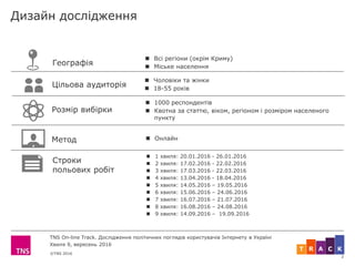 ©TNS 2016
TNS On-line Track. Дослідження політичних поглядів користувачів Інтернету в Україні
Хвиля 9, вересень 2016
ART C...