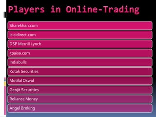 Sharekhan.com
Icicidirect.com
DSP Merrill Lynch
5paisa.com
Indiabulls
Kotak Securities
Motilal Oswal
Geojit Securities
Reliance Money
Angel Broking
 