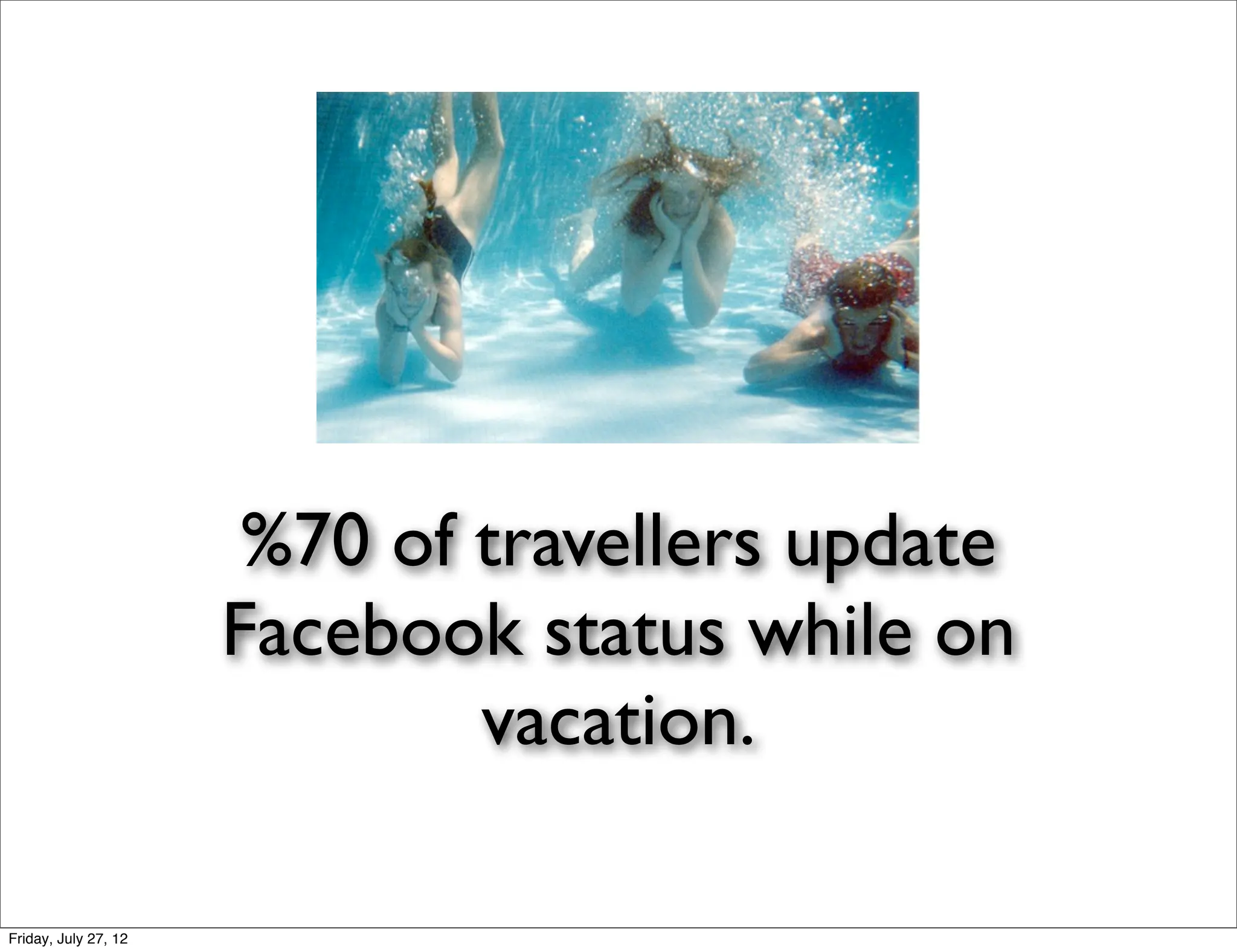 %70 of travellers update
                      Facebook status while on
                              vacation.

Friday, July 27, 12
 