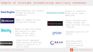 Sample of startups streamlining ancillary revenues
Helps hotels generate
more revenue by selling
rooms in packs of 3, 6
and 12 hours
Makes it simple to sell
airline ancillaries
Helps generate new revenue
streams by process
automation
Helps airlines and
travel brands sell
more and grow non-core
revenues
Access to luxurious
hotel pools, spas,
amenities
Upgrade solutions for
Hotels
Makes it easy for hotels
and resorts to rent
beach chairs, pool
cabanas, jet skis...
Upselling Hotel
facilities in a
seamless digital
experience
Mario Gavira - Mauricio Prieto Travel Tech Essentialist
 