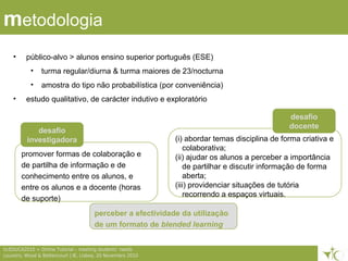 • público-alvo > alunos ensino superior português (ESE)
• turma regular/diurna & turma maiores de 23/nocturna
• amostra do tipo não probabilística (por conveniência)
• estudo qualitativo, de carácter indutivo e exploratório
4ticEDUCA2010 > Online Tutorial – meeting students’ needs
Loureiro, Wood & Bettencourt | IE, Lisboa, 20 Novembro 2010
metodologia
promover formas de colaboração e
de partilha de informação e de
conhecimento entre os alunos, e
entre os alunos e a docente (horas
de suporte)
(i) abordar temas disciplina de forma criativa e
colaborativa;
(ii) ajudar os alunos a perceber a importância
de partilhar e discutir informação de forma
aberta;
(iii) providenciar situações de tutória
recorrendo a espaços virtuais.
desafio
investigadora
desafio
docente
perceber a efectividade da utilização
de um formato de blended learning
 