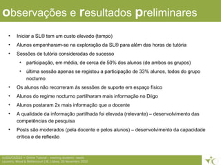6ticEDUCA2010 > Online Tutorial – meeting students’ needs
Loureiro, Wood & Bettencourt | IE, Lisboa, 20 Novembro 2010
observações e resultados preliminares
• Iniciar a SL® tem um custo elevado (tempo)
• Alunos empenharam-se na exploração da SL® para além das horas de tutória
• Sessões de tutória consideradas de sucesso
• participação, em média, de cerca de 50% dos alunos (de ambos os grupos)
• última sessão apenas se registou a participação de 33% alunos, todos do grupo
nocturno
• Os alunos não recorreram às sessões de suporte em espaço físico
• Alunos do regime nocturno partilharam mais informação no Diigo
• Alunos postaram 2x mais informação que a docente
• A qualidade da informação partilhada foi elevada (relevante) – desenvolvimento das
competências de pesquisa
• Posts são moderados (pela docente e pelos alunos) – desenvolvimento da capacidade
crítica e de reflexão
 