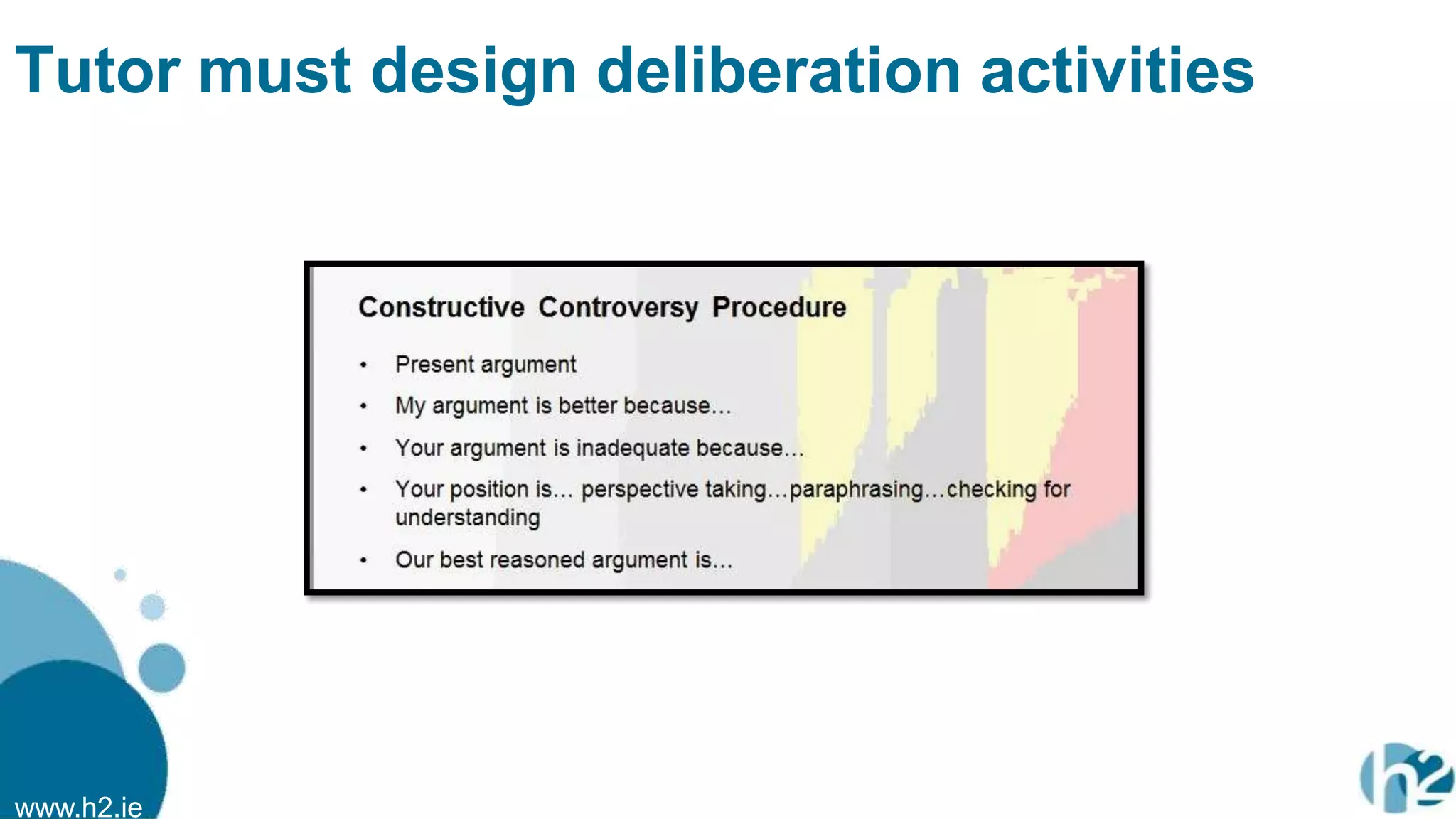 www.h2.ie
Tutor must design deliberation activities
 