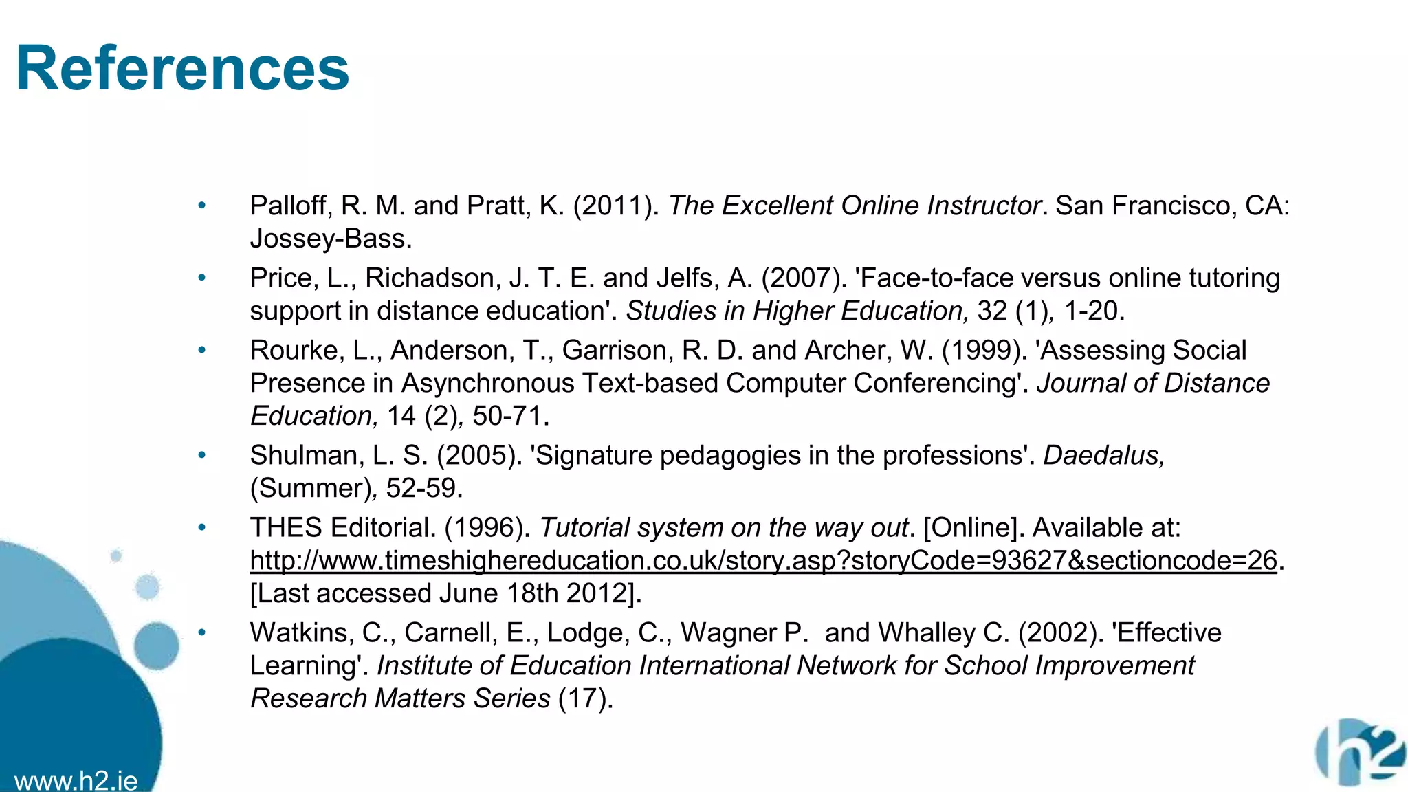 www.h2.ie
References
• Palloff, R. M. and Pratt, K. (2011). The Excellent Online Instructor. San Francisco, CA:
Jossey-Bass.
• Price, L., Richadson, J. T. E. and Jelfs, A. (2007). 'Face-to-face versus online tutoring
support in distance education'. Studies in Higher Education, 32 (1), 1-20.
• Rourke, L., Anderson, T., Garrison, R. D. and Archer, W. (1999). 'Assessing Social
Presence in Asynchronous Text-based Computer Conferencing'. Journal of Distance
Education, 14 (2), 50-71.
• Shulman, L. S. (2005). 'Signature pedagogies in the professions'. Daedalus,
(Summer), 52-59.
• THES Editorial. (1996). Tutorial system on the way out. [Online]. Available at:
http://www.timeshighereducation.co.uk/story.asp?storyCode=93627&sectioncode=26.
[Last accessed June 18th 2012].
• Watkins, C., Carnell, E., Lodge, C., Wagner P. and Whalley C. (2002). 'Effective
Learning'. Institute of Education International Network for School Improvement
Research Matters Series (17).
 