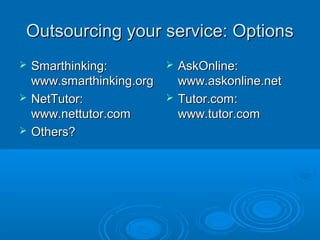 Outsourcing your service: OptionsOutsourcing your service: Options
 Smarthinking:Smarthinking:
www.smarthinking.orgwww.smarthinking.org
 NetTutor:NetTutor:
www.nettutor.comwww.nettutor.com
 Others?Others?
 AskOnline:AskOnline:
www.askonline.netwww.askonline.net
 Tutor.com:Tutor.com:
www.tutor.comwww.tutor.com
 