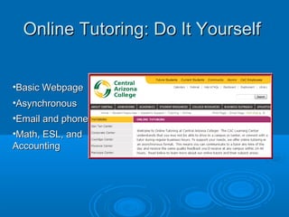Online Tutoring: Do It YourselfOnline Tutoring: Do It Yourself
•Basic WebpageBasic Webpage
•AsynchronousAsynchronous
•Email and phoneEmail and phone
•Math, ESL, andMath, ESL, and
AccountingAccounting
 