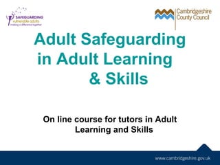 Adult Safeguarding
in Adult Learning
& Skills
On line course for tutors in Adult
Learning and Skills
If in doubt talk to your centre
manager

 