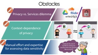 Obstacles
I dedicate the rest of
my life for sorting out
sensitive from non-sensitive
files on my HD
Privacy vs. Services dilemma
Context-dependence
of privacy
Manual effort and expertise
for assessing data sensitivity
6
 