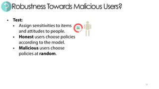 RobustnessTowardsMaliciousUsers?
19
• Test:
• Assign sensitivities to items
and attitudes to people.
• Honest users choose policies
according to the model.
• Malicious users choose
policies at random.
 