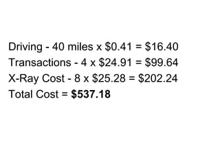 Driving - 40 miles x $0.41 = $16.40
Transactions - 4 x $24.91 = $99.64
X-Ray Cost - 8 x $25.28 = $202.24
Total Cost = $537.18
 